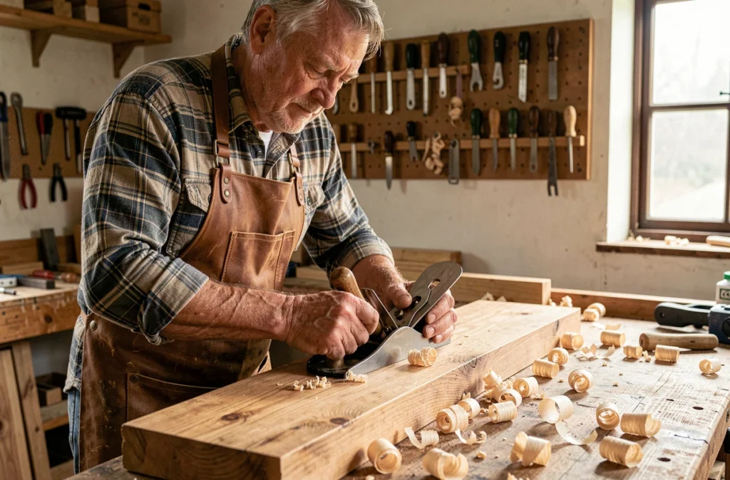 Artisan menuisier Ducroc Christian rabot à main sur un épais plateau de chêne dans un atelier de menuiserie traditionnel