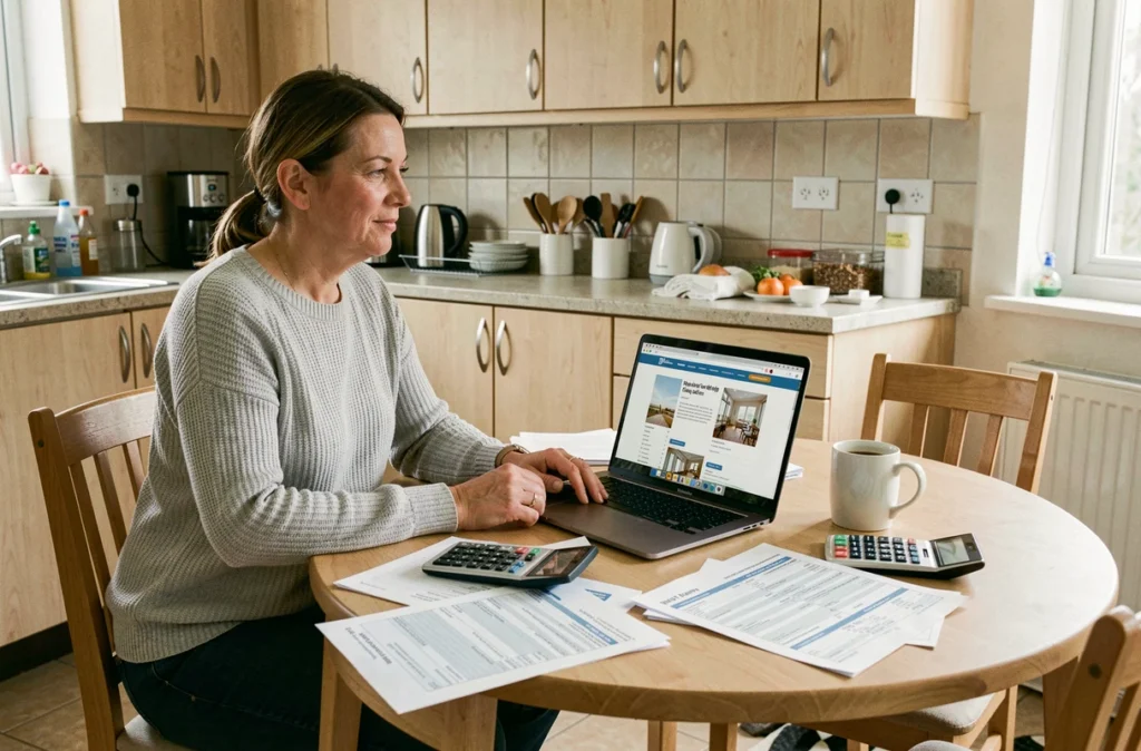 Femme comparant des devis de travaux en ligne sur ordinateur portable à une table de cuisine avec calculatrice et documents imprimés