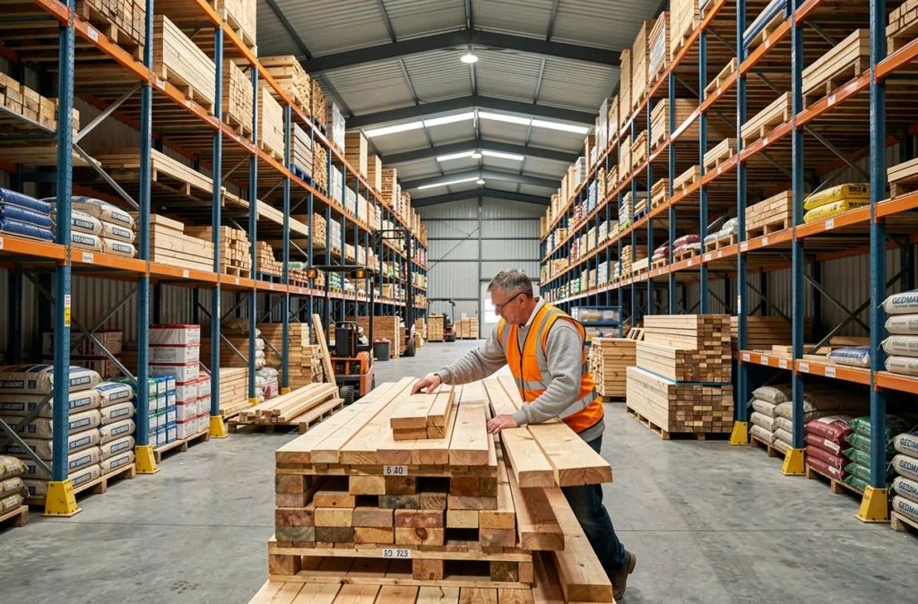 Responsable de dépôt Gedimat Millancourt et Nicolas inspectant des matériaux bois dans un entrepôt de construction