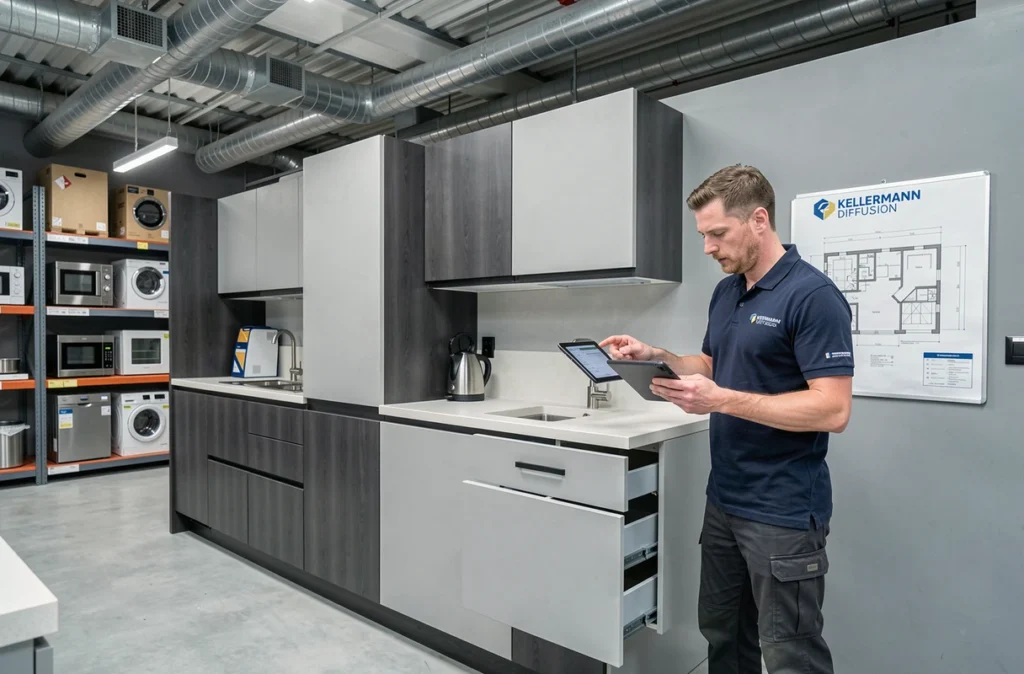 Kellermann Diffusion Strasbourg avec cuisine bicolore gris clair et graphite présentée par un poseur de cuisine avec tablette