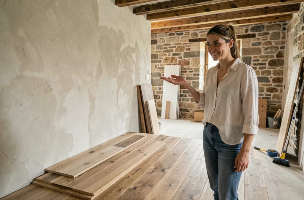 Consultante en rénovation intérieure présentant des matériaux dans une maison de campagne rénovée pour La Maison Des Travaux