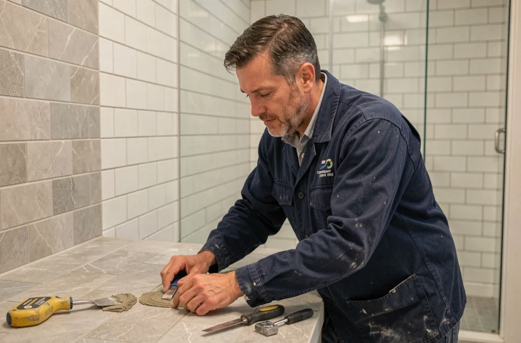 Artisan carreleur Laurent Bastide appliquant du joint sur un carrelage en grès cérame dans une salle de bain rénovée