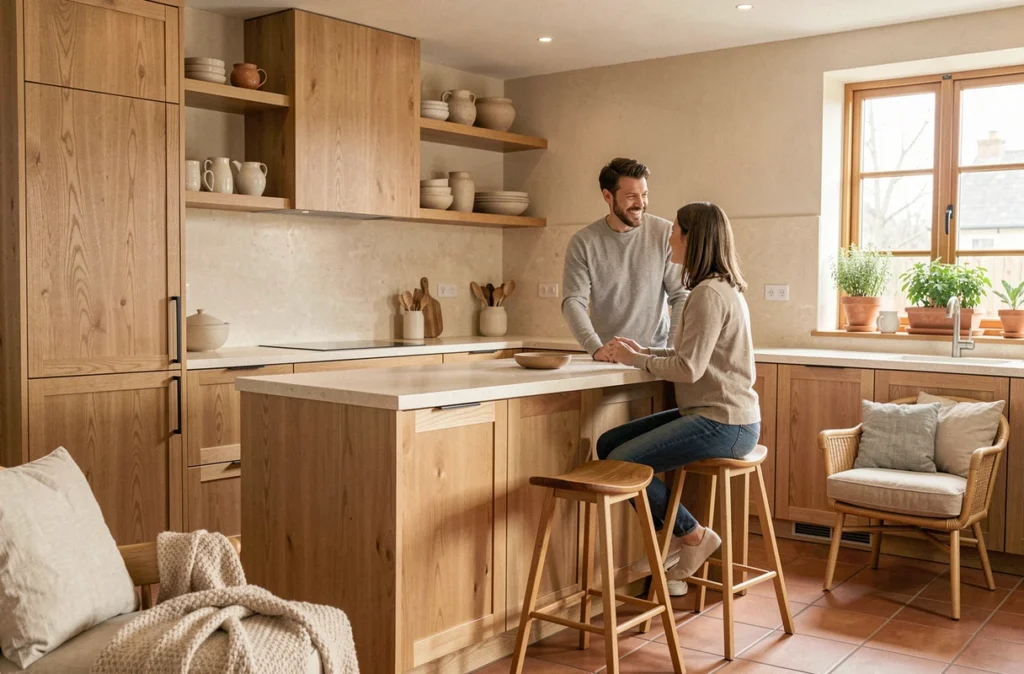 Showroom Lavibien Strasbourg avec cuisine en chêne naturel et comptoir en pierre présentée par un conseiller à une cliente