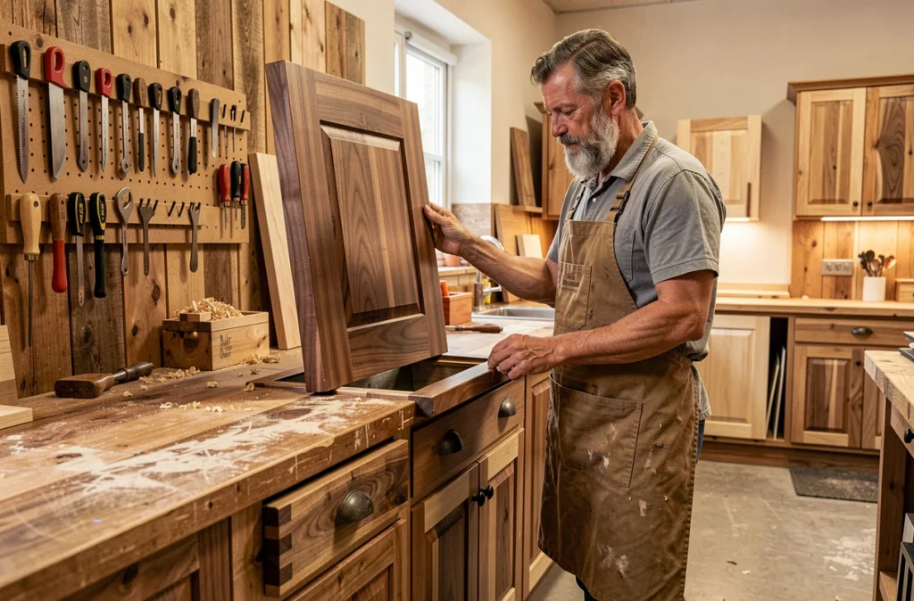 Artisan menuisier de Le Bois Dans Tous Ses Etats à Strasbourg examinant une porte de cuisine en noyer massif dans son atelier
