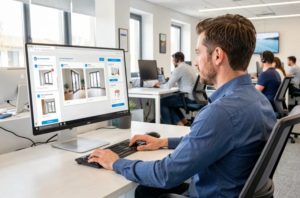Conseiller Les menuiseries.com configurant une commande de fenêtres sur ordinateur dans un bureau e-commerce moderne