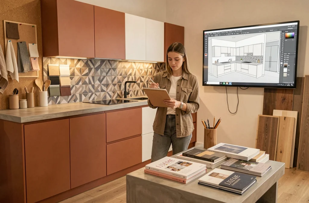 Studio de conception Liseme à Strasbourg avec designer présentant un rendu 3D de cuisine terracotta et blanche sur écran digital