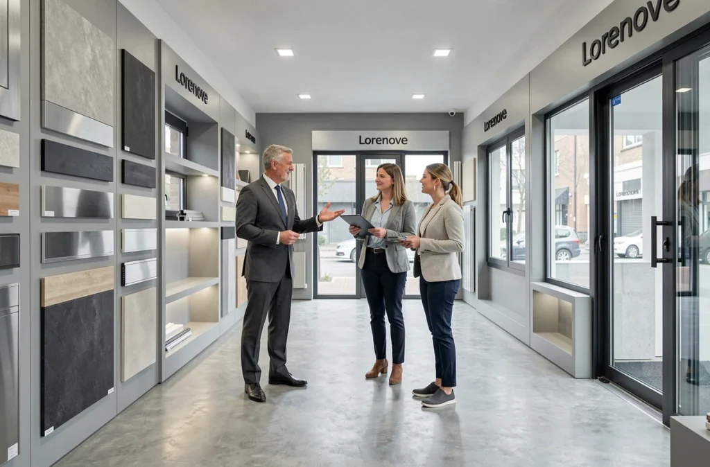 Conseiller Lorenove présentant des systèmes de portes coulissantes en aluminium à des clients dans un showroom moderne