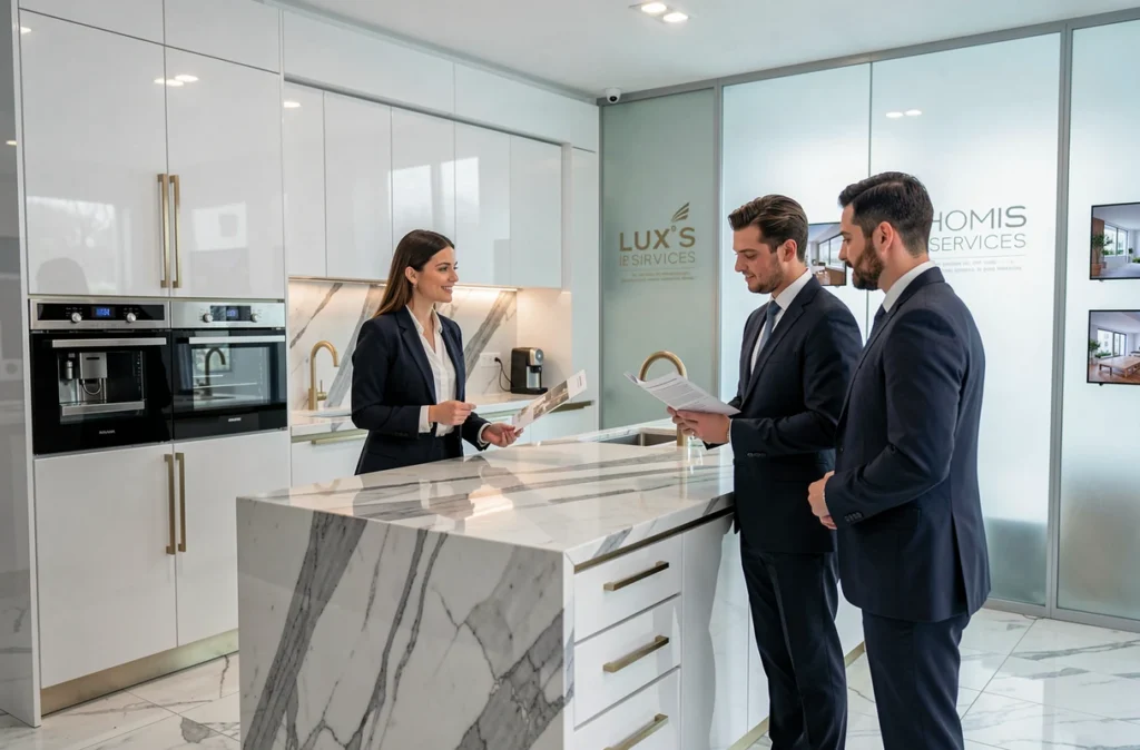 Showroom Lux'Services Strasbourg avec cuisine laquée blanche et comptoir en marbre présentée par une conseillère à un couple