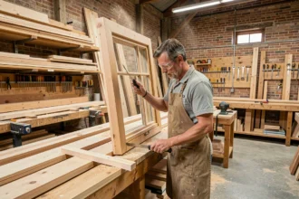 Vue d'ensemble d'un atelier de menuiserie professionnel en Seine-Maritime avec un menuisier expérimenté mesurant un cadre de fenêtre en bois