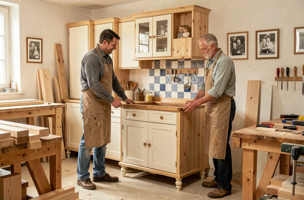 Menuiserie Gass Et Fils à Strasbourg avec duo père-fils posant une cuisine traditionnelle alsacienne en pin et carrelage bleu et blanc