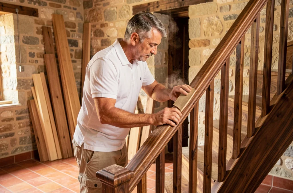 Menuisier Oliveira ponçant une rampe d'escalier en bois massif dans une maison française traditionnelle rénovée