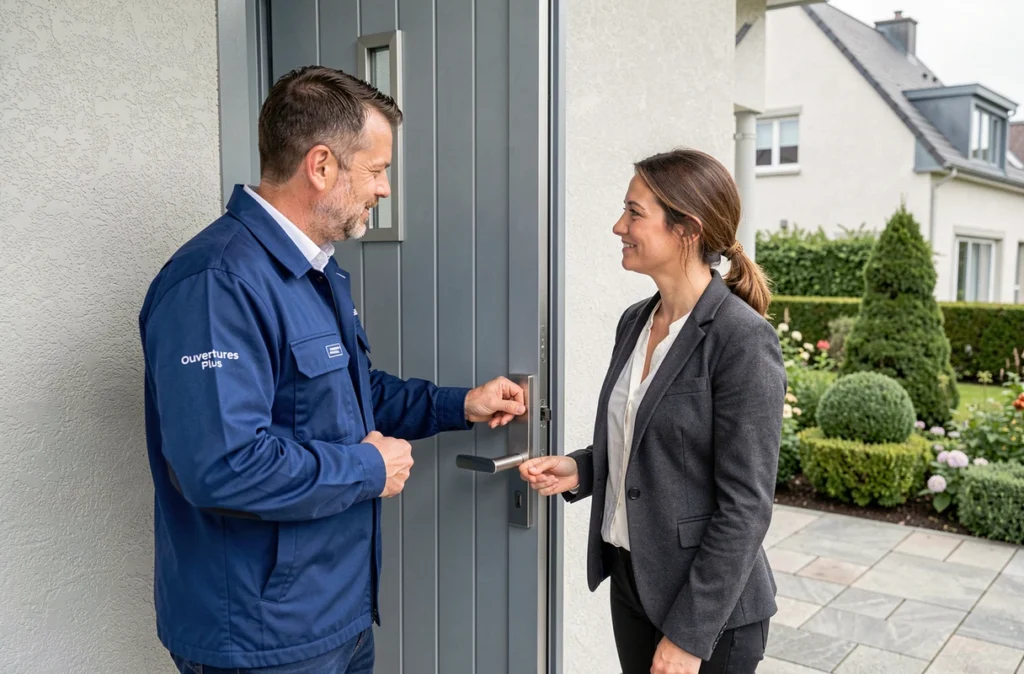 Technicien Ouvertures Plus présentant une porte d'entrée en aluminium installée à une propriétaire dans un pavillon normand