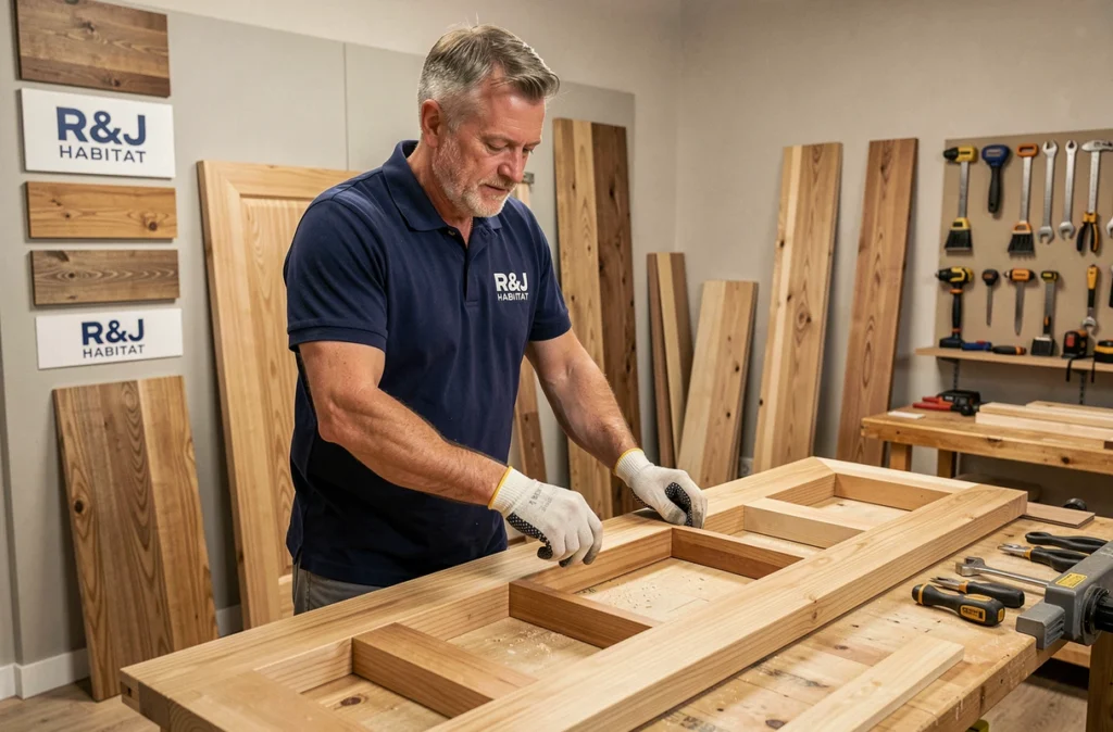 Menuisier de R&J Habitat assemblant un cadre de porte en bois dans un showroom professionnel