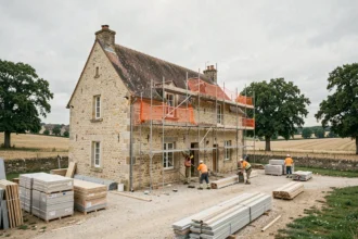 Vue large d'une maison en pierre bourguignonne en cours de rénovation avec échafaudages et ouvriers dans la Nièvre