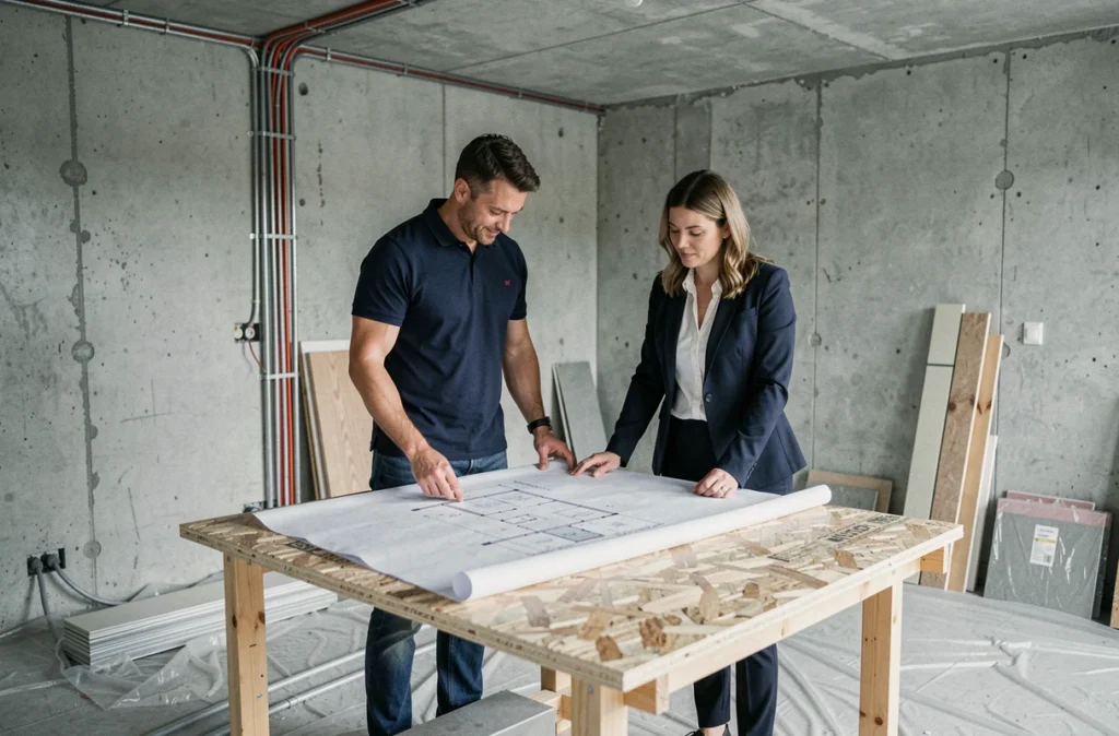 Chef de projet et cliente en réunion sur un chantier de rénovation appartement consultant un plan de travaux détaillé