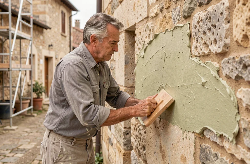Artisan maçon appliquant un enduit à la chaux sur une façade en pierre pour la Sarl Nicolas dans la Nièvre