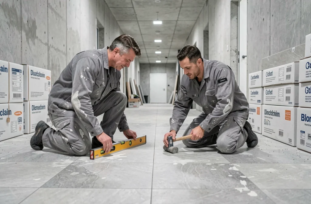 Deux carreleurs de la SARL Pauvert Simon L&S Carrelage alignant de grands carreaux dans un couloir commercial