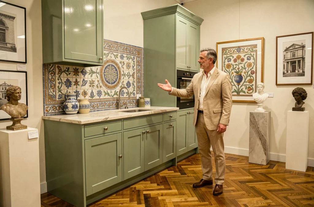Showroom S.C. Société d'Arts et de Promotion à Strasbourg avec cuisine vert sauge décorée de carrelage mosaïque et éléments artistiques