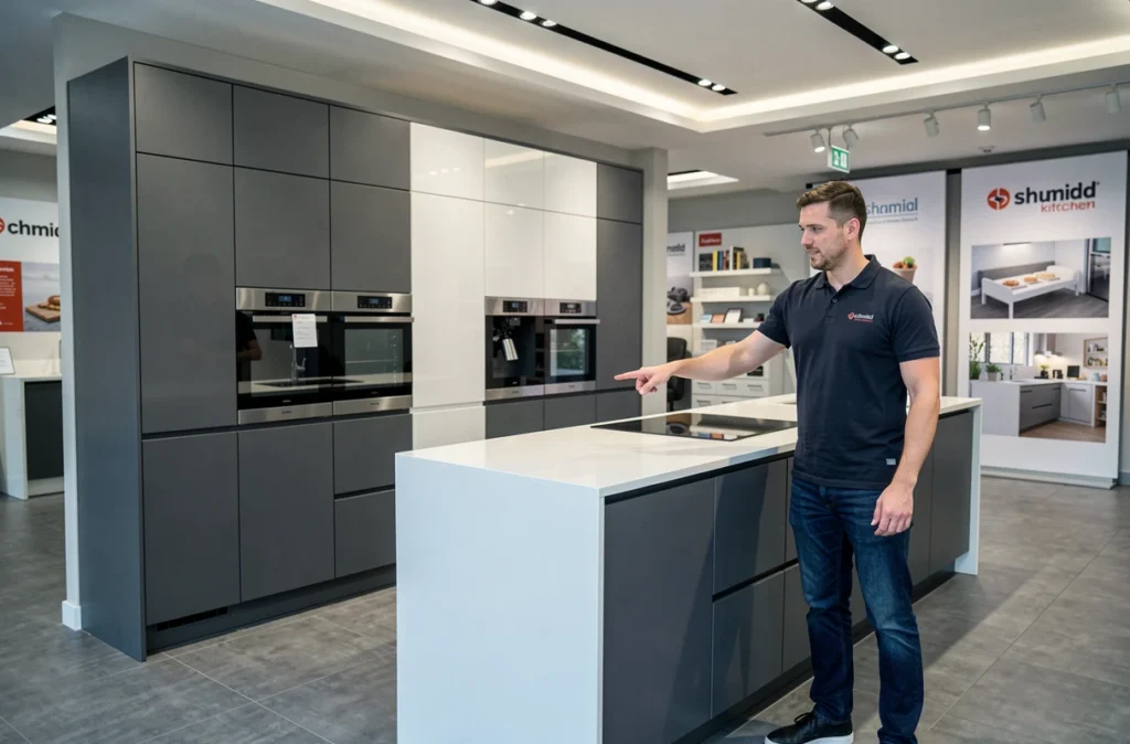 Showroom Schmidt Strasbourg avec cuisine modulaire anthracite et blanc présentée par un conseiller de vente