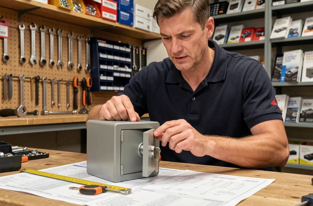 Serrurier professionnel examinant un coffre à clé sur un établi avec fiches techniques dans un atelier