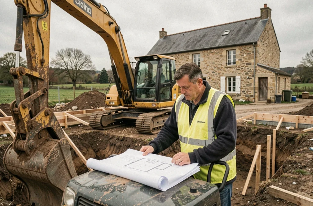 Conducteur de travaux avec plans devant une excavatrice sur un chantier d'extension pour Societe Entreprise Dumont dans la Nièvre