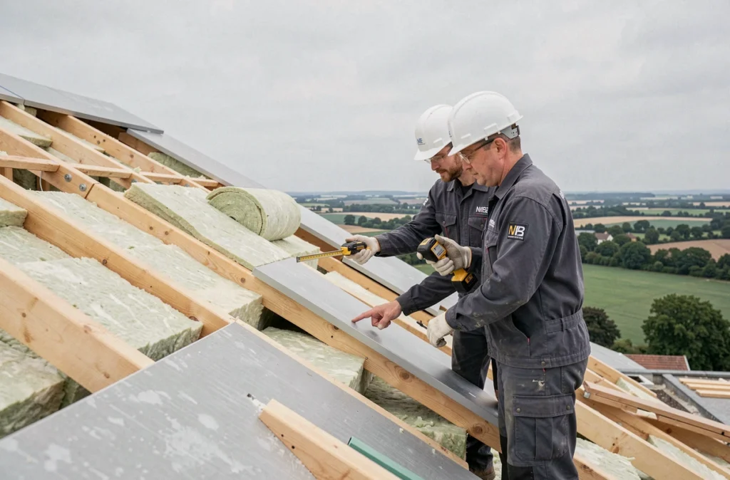 Deux techniciens inspectant une toiture avec isolation thermique sur un chantier résidentiel pour Techni Bat 58 dans la Nièvre