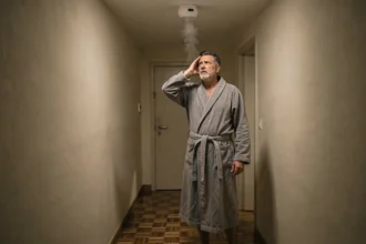 Résident en robe de chambre la nuit dans un couloir d'appartement regardant un détecteur de fumée qui sonne sans raison